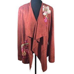 V Christina Rust Suede Floral Applique Waterfall Jacket Size L